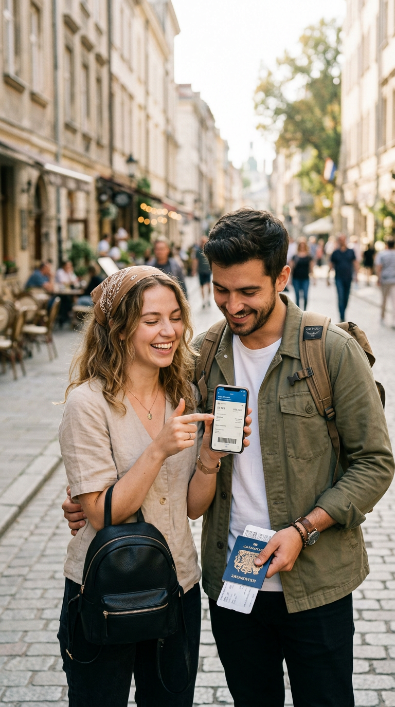 Travelers checking their visa documents on a phone